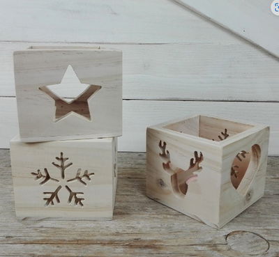 Portavela caja en madera de pino ( Navidad - Corazon - Estrella)