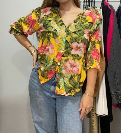 Camisa Floreada Amarilla 3/4