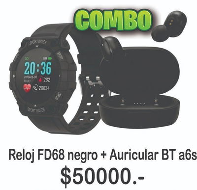 Combo Smartwacht Reloj Fd68 NEGRO +Auri A6S NEGRO