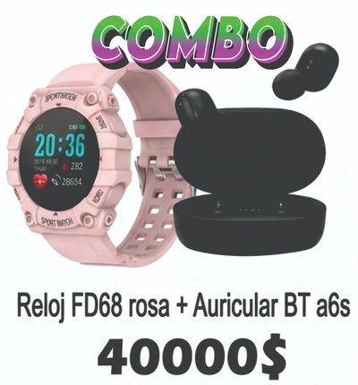 Combo Smartwacht Reloj Fd68 ROSA + Auri A6S NEGRO