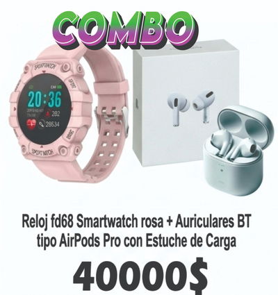 Combo Smartwacht Reloj Fd68 ROSA + Auri BT AirPods Pro Blanco 