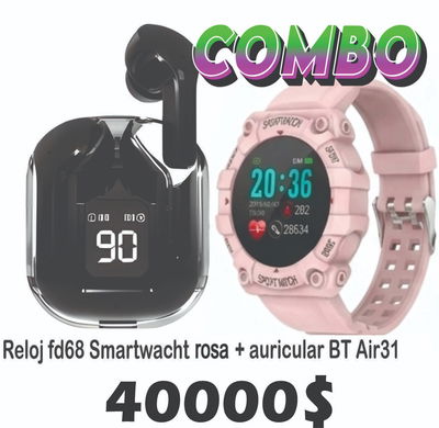 Combo Smartwacht Reloj Fd68 Rosa + Auriculares inalámbricos Bluetooth AIR31