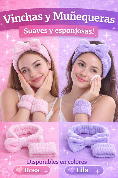 Vincha Spa moño + 2 muñequeras 