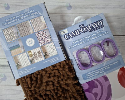 SET CORTINA BAÑO + GANCHOS + ALFOMBRA SHAGY CAMPOMAYO