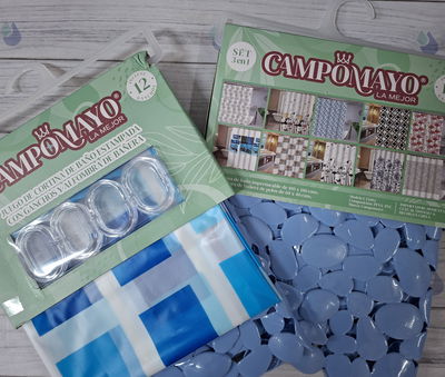 SET CORTINA BAÑO + GANCHOS + ALFOMBRA ANTIDESLIZANTE CAMPOMAYO