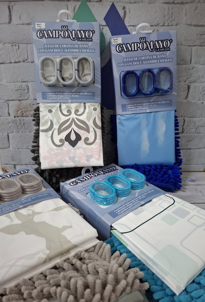 SET CORTINA BAÑO + GANCHOS + ALFOMBRA SHAGY CAMPOMAYO