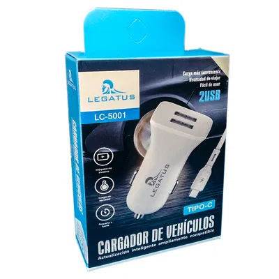 CARGADOR TIPO C CARGA RÁPIDA P/ AUTO 2.4A 2USB LEGATUS