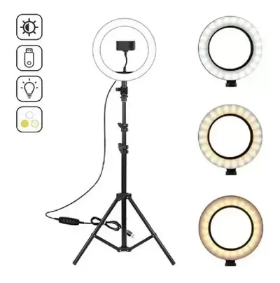 ARO DE LUZ LED 26 CM 3 LUCES  TRIPODE 2,1 M  SOPORTE CELULAR