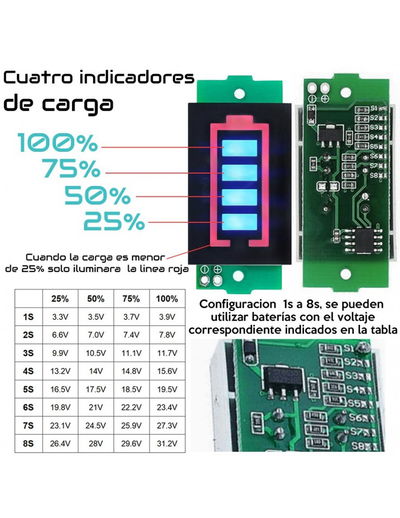 Módulo indicador de carga de batería de litio 1S-2S-3S-4S-5S-6S-7S-8S