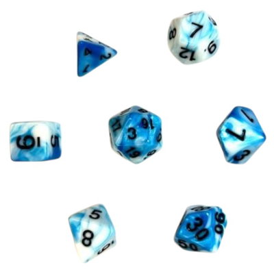 SET DADOS POLIEDRICOS X7 Celeste y Blanco