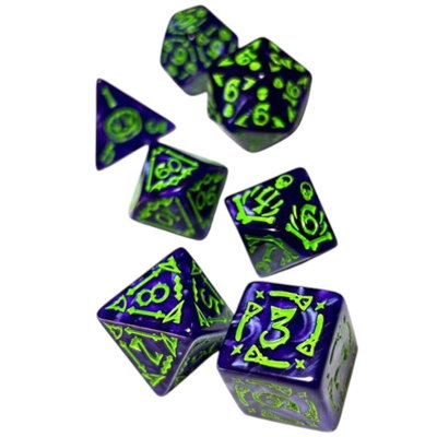 SET DADOS POLIEDRICOS X7 Violeta c/ verde