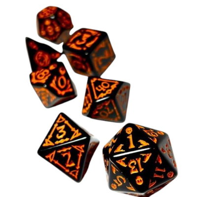 SET DADOS POLIEDRICOS X7 Negro c/ naranja