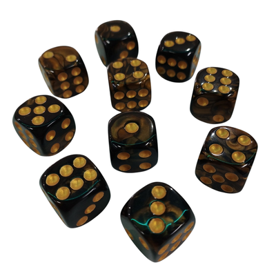 SET x 10 DADOS DE 6 CARAS NEGRO c/DORADO 
