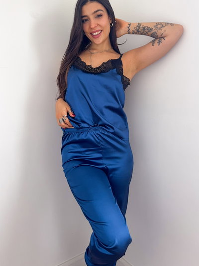 Pijama de Saten Pantalon y musculosa Azul