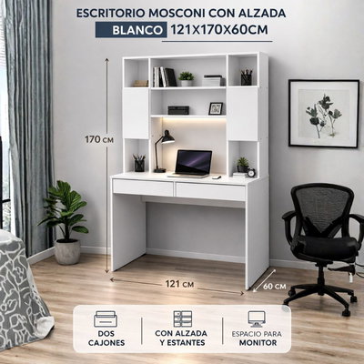 ESCRITORIO MOSCONI CON ALZADA BLANCO 121X170X60CM