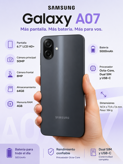 CELULAR SAMSUNG A07 4GB RAM 64GB MEMORIA