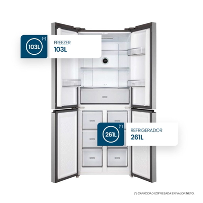 HELADERA PHILCO SIDE BY SIDE CROSS DOOR 385 LITROS 4 PUERTAS INOX