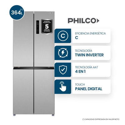 HELADERA PHILCO SIDE BY SIDE CROSS DOOR 385 LITROS 4 PUERTAS INOX