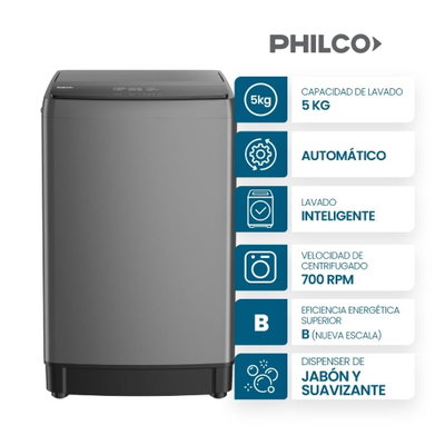 LAVARROPAS PHILCO AUTOMATICO 5KG 700RPM CARGA SUPERIOR GRIS