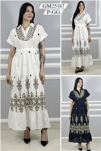 Vestido Bordado de Lino Cuello Camisero