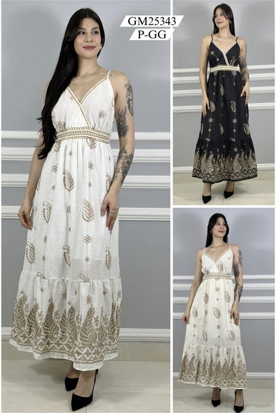 Vestido Bordado de Lino con Breteles