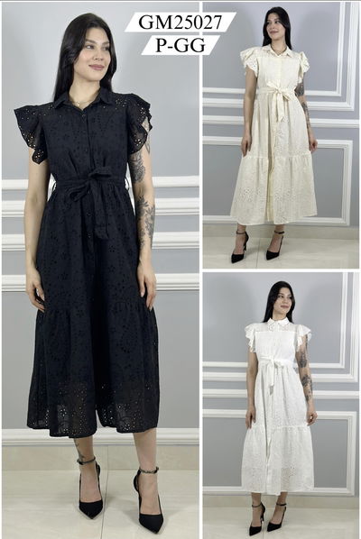 Vestido Brodery Botones Delantera y Manga Corta