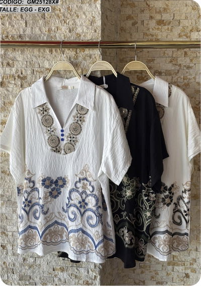 Camisola de Lino Bordada con Cuello Camisero