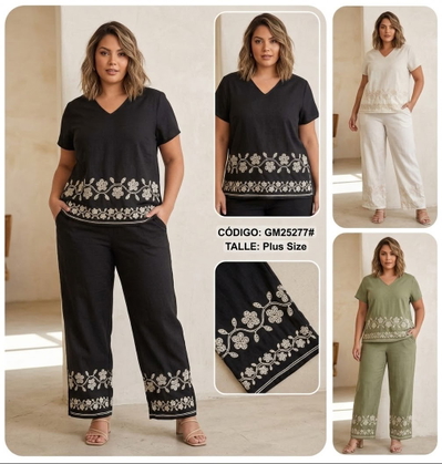Conjunto Pantalón + Blusa Manga Corta Bordados GM 25277 X