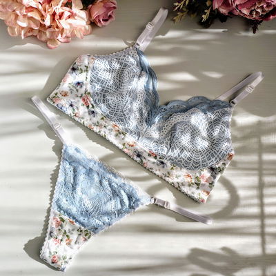 Conjunto Estefi Algodón y Puntilla Celeste