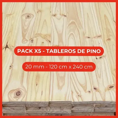 Pack x5 Tableros de pino - 20 mm - 120 cm x 240 cm
