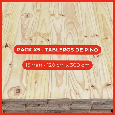 Pack x5 Tableros de pino - 15 mm - 120 cm x 300 cm