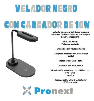 PRONEXT Velador LED para Escritorio con Cargador Inalámbrico 10W 