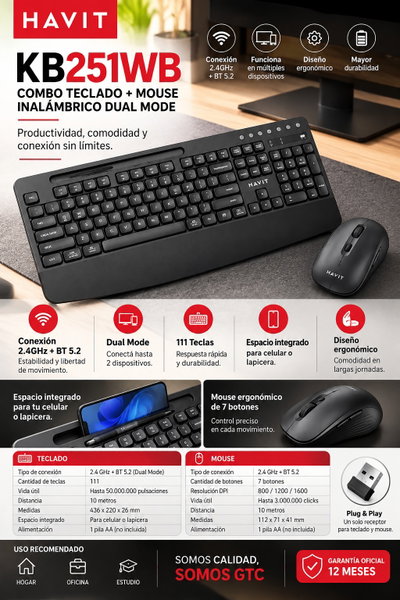 HAVIT /PROXIMAMENTE  KB251WB-BG (C:20) Kit Teclado y Mouse Inalámbrico Negro Gris Havit