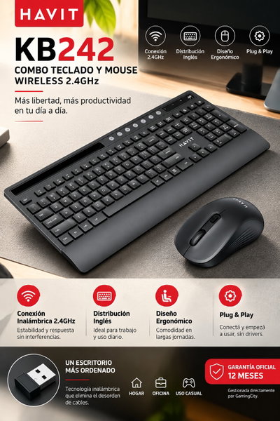HAVIT -PROXIMAMENTE  Kit Teclado y Mouse Inalámbrico Negro / Gris Havit