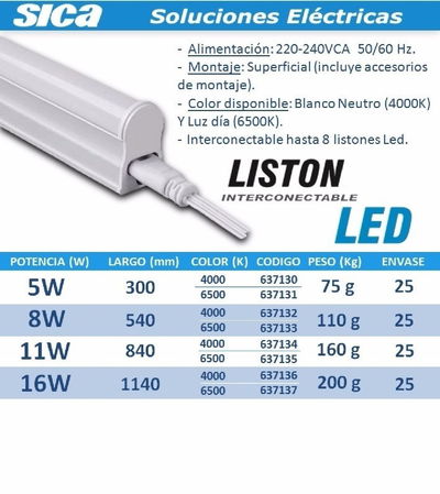 LISTON SICA LED 5W 300MM INTERC. 220V FRIO