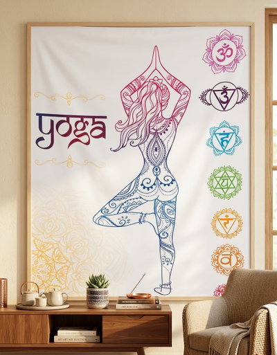 Tapiz estampado MUJER YOGA 7 CHAKRAS 100 X 140 cm.