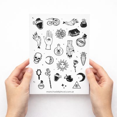 Plancha de Stickers Esotericas Blanco y Negro 