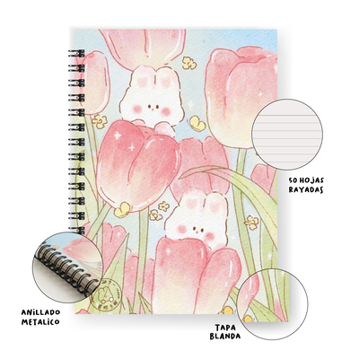 Cuaderno Bunnie Tulipanes A5 tapa blanda anillado
