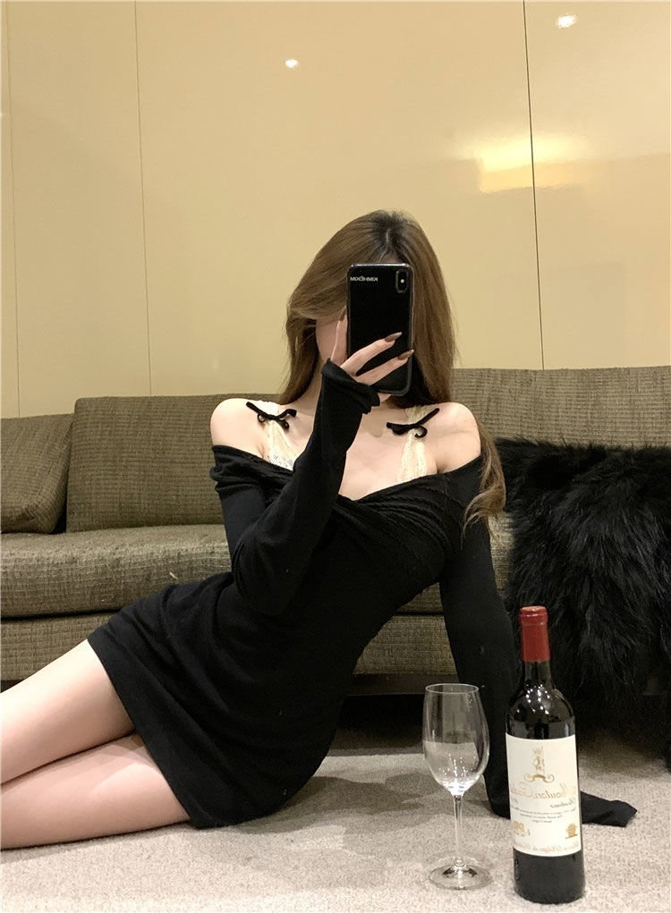 Vestido con diseño de encaje con moño color negro | Xydung Store