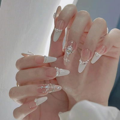 Uñas Press On Rosa y Blanco con Cristales 