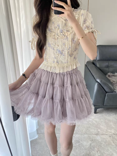 Conjunto lila floreado Top+ Pollera