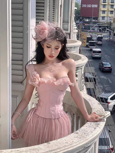 Conjunto de top + pollera color rosa