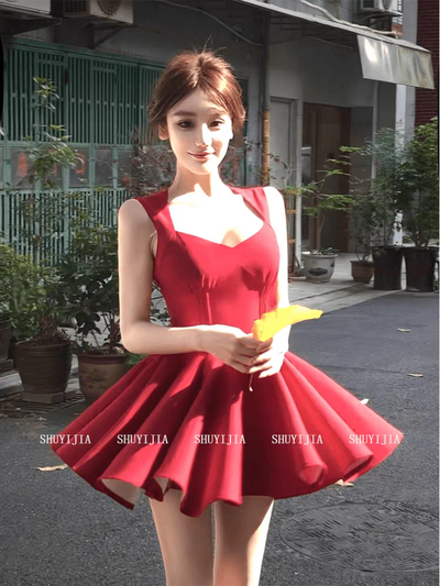 Vestido Corto Elegante "Línea A" Ultra-Volumen en Negro & Bordó 