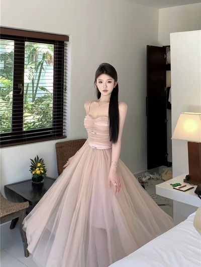 Vestido Midi Nude de Tul Estilo Balletcore con Lazos