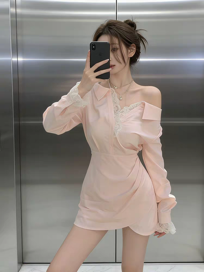 Vestido Estilo Camisa Soft Rose Asimétrico con Encaje