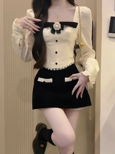 Conjunto Estilo Chanel - Top Ivory + Pollera Negra