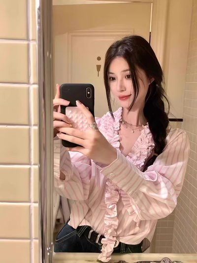 Camisa romantica a rayas rosa 