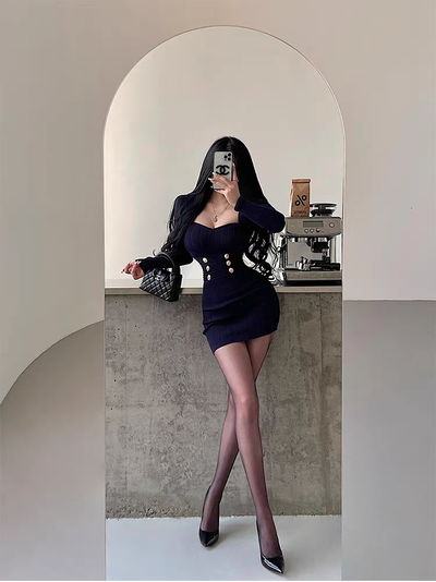 Set Royal Navy — Vestido Strapless + Bolero en Punto Acanalado 