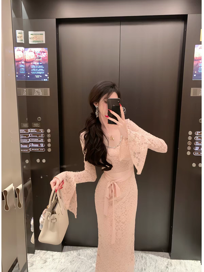 Vestido Largo Encanto de Encaje Rosa 