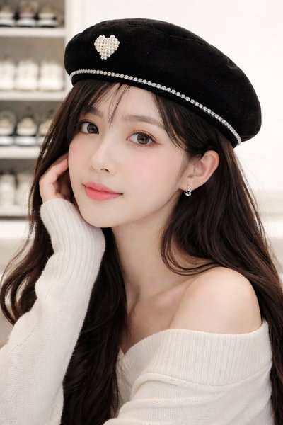 Boina Estructurada Negro con Pedrería y Corazón de Perlas